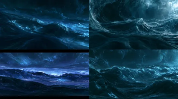 refined semi-realistic 3d chinese fantasy animation cg, an abstract consciousness-fluid environment, wide elevated oblique view. layered deep-indigo and dark-teal fluid fills the whole composition and all frame edges. heavy foreground vortices, opposing middle-distance ridges compressed together, localized broken crests and a little spray. dense distant turbulence establishes clear depth and colliding movement. faint internal silver-blue glow defines wave ridges and liquid thickness while retaining dark detail and restrained local highlights. the space continues beyond the frame as the same disordered fluid, with deeper liquid and deep shadow in the background and no readable horizon. substantial translucent materials, clear foreground, middle distance and depth. an overall cold-dark state of continuing turbulence, with no calm patch.