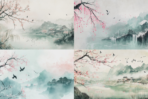 水墨水彩风全景山水，左冰溪柳燕，中桃花飘落，右江南雨村，清新亮色，淡绿粉调，负空间，高分辨，电影光，适网站背景。