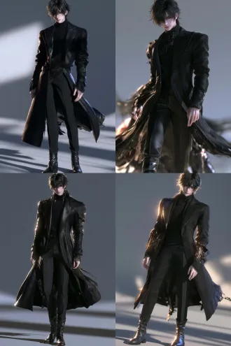 full-body character reference of a single young east asian man, refined youthful features, slender natural proportions, fair skin, layered short black hair, deep crimson irises, calm attentive eyes, a faint courteous smile. wearing a pristine knee-length black tailored coat with understated lapels, a fitted black turtleneck, straight black trousers and simple black leather ankle boots. matte woven coat fabric, fine-knit inner layer, subtle leather highlights, clearly separated black materials. relaxed standing pose, torso turned slightly, face almost frontal, empty hands resting beside his body with visible space between arms and coat, feet planted naturally. eye-level camera, centered composition, entire head and both boots visible with generous margins, one character in one view. semi-realistic chinese 3d donghua character design, next-generation game cinematic character rendering, unreal engine 5 visual quality, realistic pbr materials, subtle skin subsurface scattering, individually defined hair strands. broad soft key light, gentle frontal fill, delicate rim light, readable facial features and shadow detail. light gray seamless studio background, soft contact shadow beneath the boots, clear silhouette.