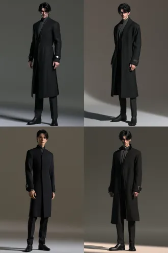 full-body costume design portrait of yan wugui, a young east asian man with refined youthful features, a slender balanced physique and natural proportions. neatly layered black hair, eyes clearly visible, deep dark-red irises, a composed courteous expression, a subtle closed-mouth smile and quiet menace. contemporary urban dark-fantasy tailoring. an immaculate ink-black mid-thigh coat in fine matte wool, natural shoulders, a gently defined waist, a narrow sculpted stand collar, an offset concealed front fastening, precise panel seams and restrained side vents. clean fitted sleeves ending in structured cuffs, each secured by a small brushed-silver rectangular clasp. a charcoal silk-cotton shirt with a low standing collar beneath the coat, crisp straight-cut black trousers and understated black leather ankle boots. refined construction, restrained detailing, a distinctive clean silhouette. soft diffuse wool highlights, fine woven texture, supple leather with localized reflections, brushed metal hardware. semi-realistic chinese 3d donghua film character, believable facial anatomy, softly varied skin tones, subtle skin microtexture, natural lips, restrained skin sheen, soft translucent ear edges, layered hair with fine loose strands. cinematic character shading with grounded material response. relaxed standing pose, body turned slightly, face nearly frontal, shoulders at ease, empty hands visible beside the body. eye-level camera, single character, single view, complete head and both boots inside the frame with breathing room. broad soft directional daylight from the side, gentle fill across the face, readable shadow detail, neutral warm-gray studio backdrop, soft contact shadow beneath the feet. face and clothing clearly resolved.