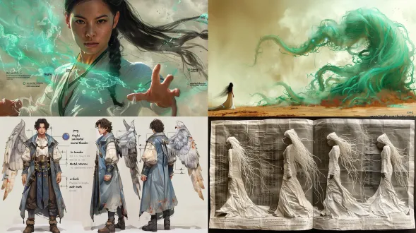 character design board, goddess descending, jiang tinglei, 15-16 year old girl, silent, quiet, return to simplicity, final ascension form, thunder dao grandmaster, mortal thunder returns to truth, god ancestor perfection, cross-collar left lapel divine robe, collar embroidered with nine layers of thunder dao nine revolutions thunder patterns, cloud-satin fabric condensed from thunder clouds, gray-white base, cold cyan thunder light flowing like living thing, extremely wide sleeves hanging like thunder clouds draping from sky, sleeves embroidered with 108 thunder patterns, sleeve edges inlaid with fine thunder light threads like lightning trails, lower garment twelve layers, outermost thunder cloud gauze gray-white like smoke, translucent revealing inner thunder patterns like galaxy, second layer cold cyan thunder satin, third layer silver-white lightning silk, fourth to eleventh layers each embroidered with one of nine revolutions of thunder dao, innermost layer pure white divine light like source of heaven's dao, twelve-layer skirt hem trailing six feet, leaving twelve thunder pattern afterimages on ground, waist bound with thunder light fine cord, suspending two jade plaques inscribed "jiang tinglei" and "sun", green jade base with thunder light engraved characters flowing within jade, thunder light shawl five inches wide three zhang long, cold cyan thunder light condensed into substance like ink like clouds like galaxy, shawl embroidered with nine revolutions of thunder dao runes, each rune flowing rotating branching exploding like living thing, trailing behind like thunder cloud tail like galaxy hanging upside down, giant thunder halo behind head, diameter three times body height, cold cyan thunder light like ink like clouds, halo carved with 108 thunder patterns each flowing rotating branching exploding, inside halo ancient seal script "mortal thunder returns to truth" like sun at noon, outer edge of halo with ten thousand tiny thunder lights spreading outward like tendrils like ten thousand thunders paying homage, hair scattered like waterfall, each strand transformed into thunder light fine threads from root to tip, white to cyan to gray to transparent like thunder clouds flowing through hair, feet adorned with thunder light anklets, ethereal thunder-cloud sandals woven from lightning, divine luminous footwraps with nine tiny thunder halos, thunder patterns naturally condensing underfoot, face 15-16 years old, skin warm and moist like jade, thunder patterns spreading from corners of eyes to behind ears like cracks and flowing light, eyes quiet, same as when she squatted in thunder valley drawing patterns years ago, front view side view back view, character sheet, pure white background, 3d chinese anime cg style, pbr physical rendering, volumetric light, self-illumination, particle system, depth of field, 8k ultra-detailed, warm and cold blending