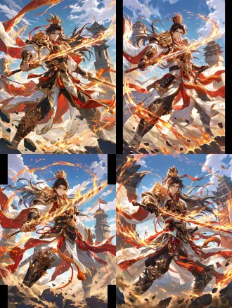细化参考图的角色，三国人物孙策，少年霸主，意气风发，豪爽又霸道，游戏原画，厚涂，超高细节，精致光影，仙侠古风，动态战斗姿态，黑发长发，金冠发饰，白红配色战甲长袍，金色雕花肩甲，黑金臂甲与胸甲，红白飘逸外袍，红色内衬，宽腰带，佩剑，橙红流苏，黑色战靴，手持火焰长剑，剑身流淌火光，金色剑气光环，狂风碎石，尘土飞扬，晴朗蓝天白云，古风塔楼，战场远景，军旗，明亮日光，英气冷峻神态，少年美男，角色战斗立绘