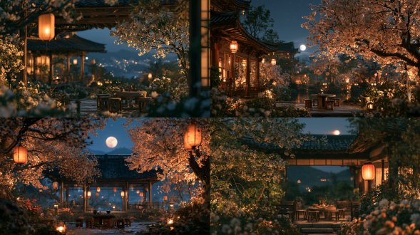and blooming flowers around the pavilion. close-up shot focusing on a stone table and wooden stools in the open pavilion, night scene. cinematic period drama shot, 35mm lens, shallow depth of field, subtle film grain. indigo night sky, warm orange lantern light, cool moonlight rim light, soft contrast, detailed shadows
