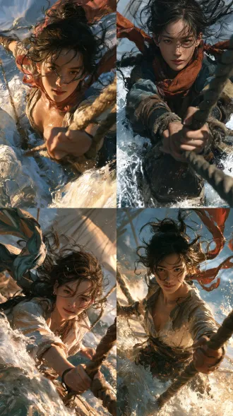 竖版9:16，鬼刀风半写实厚涂，中国女航海士迎战风暴，低机位仰拍，广角镜头，对角线构图，金蓝冷暖对冲光影，船首巨浪环绕，发丝围巾狂舞，手握粗索，眼神坚定带笑，水珠细节，3d体积感，电影级恢宏光影，无文字水印