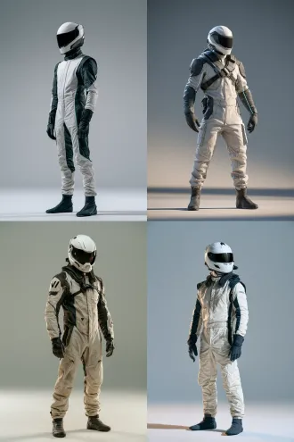 full-body character portrait of a single adult professional race driver, wearing a pearl-white full-face racing helmet with a smooth aerodynamic shell and dark graphite smoked visor, face concealed, a fitted pearl-white and charcoal-gray racing suit with graphite shoulder and forearm panels, one very thin ice-cyan seam along each sleeve, dark graphite racing gloves and boots, realistic athletic proportions, calm focused stance, standing in a three-quarter view, arms relaxed, entire figure visible, warm light-gray studio background, soft early-morning side light with subtle cool fill, ceramic white and graphite palette, premium futuristic automotive advertising photography, restrained design, realistic fabric and helmet materials, clean negative space