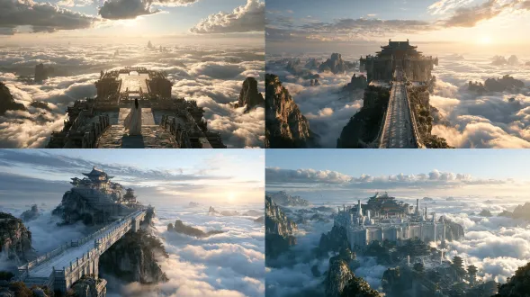 photorealistic cinematic shot, grand magnificent penglai fairyland high platform built on top of immortal mountain, huge ancient white jade platform terrace, towering stone balustrades, endless surging sea‑of‑clouds rolling all around, layers of misty cloud sea filling valleys, distant floating fairy peaks faintly visible, soft ethereal celestial light, morning golden rim light, vast sky, wispy immortal mist drifting, grand spectacular fairyland scenery, epic movie atmosphere, 8k, ultra‑detailed, sharp details, atmospheric depth, natural volumetric fog, shot on arri alexa, film grain，wide‑angle panorama massive scale，high‑angle overlook