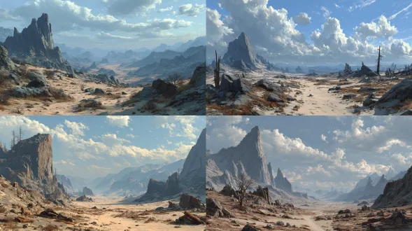 a vast wild stony wasteland, jagged rocks, scattered dead trees, sharp rubble, cracked dry earth, desolate barren wilderness, tattered and torn clothing, frayed fabric edges, dusty rags flapping in the wind, harsh gray-brown landscape, overcast sky, low-hanging clouds, floating sand and dust, cinematic concept art, realistic detail, epic desolation, cold gray and earthy tones, strong side lighting, wide shot, deep depth, gritty texture, heavy atmosphere