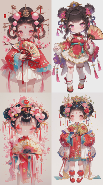 a super cute chibi chinese opera little girl, 2.5 head body ratio, round fluffy face, huge sparkling round eyes taking up one third of face, small cherry mouth, obvious round blush on cheeks in peking opera makeup style, black hair in double loop buns with mini phoenix crown, pink pom-pom on top, small pearl tassels, red diamond forehead decoration, wearing colorful cloud shoulder with four layers of petal edges, red short top with golden trim, shortened puffy water sleeves like small wings, golden waist belt with big bow, white pleated short skirt, red embroidered tiger shoes with small pom-poms, holding a mini folding fan with flower pattern, playful and lively expression, traditional chinese opera elements mixed with kawaii style, soft watercolor illustration, clean background, full body, standing pose, 9:16 vertical composition