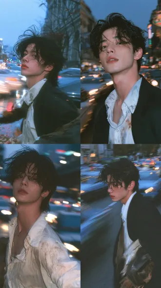 handsome chinese youth, full-body portrait,全景， first love, 秋季, korean style，东方审美，街拍，背后模糊的车流