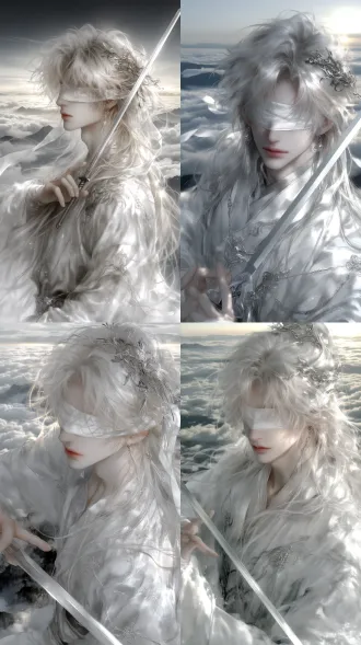 masterpiece, 2.5d semi-realistic, korean pseudo thick painting, 8k ultra hd, bust shot, facial focus, smooth skin texture, a handsome young east asian man standing on the top of a thousand-foot cliff, elegant silver-white long hair, white silk blindfold covering his eyes, pale fair skin, delicate facial features, silver earrings, elegant and ethereal temperament, wearing luxurious white ancient chinese hanfu, subtle light patterns on the fabric, delicate silver hollow embroidery, traditional chinese knot tassels, gorgeous hair ornament on his head, holding a sharp silver long sword, one hand on the hilt, the other hand forming a sword gesture, background of surging sea of clouds, distant mountains like ink wash, layers of mountains stretching toward the horizon, a hint of golden light in the far distance, eastern dawn light, backlight outlining a golden halo around the figure, face half in shadow, robe edges gilded, extreme detail, flowing hair, fluttering garment folds, cinematic soft lighting, flowing sea of clouds