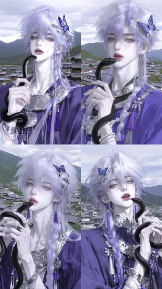 masterpiece, best quality, 8k ultra hd, 2.5d semi-realistic, korean pseudo thick painting, bust portrait, facial focus, handsome young east asian man, pale cold porcelain skin, bright light blue eyes, delicate sharp facial features, lazy charming expression, looking at camera, long gradient hair from silver-white to lavender purple, messy layered hair, thick side braid, blue butterfly hair ornament, silver snake hairpin, dangling miao-style silver bead chain tassels, luxury ethnic fantasy ancient costume, rich purple robe, heavy carved silver neck collar, silver butterfly pattern chest ornament, purple tassels, pearl decoration, silver bracelets, bead bangles, holding a slender black snake in hands, black snake coiling around his wrist, snake head near his lips, southern ancient village built along the mountains, layered gray-roofed stilt houses, green mountains and dense vegetation, heavy cloudy sky, ancient healing town roof view, soft diffused rim light, subtle purple glow, cinematic soft lighting, delicate smooth skin texture