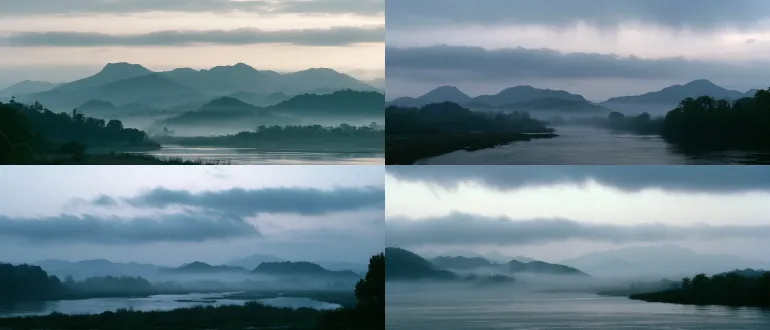 cinematic film still, jiangnan early spring, dusk approaching. long shot, deep distance extending upward. upper two-thirds: pale grey-white dusk sky, low heavy clouds, occasional rain streaks, no returning swallows. lower third: misty riverbank and distant mountain silhouettes, fading in fog. no people, no birds, only empty sky and late spring. main light: dim diffused dusk light, cold and faint. shadows cool cyan-grey and grey-blue, not pure black. color palette: grey-white, cool cyan, grey-blue, extremely low saturation. 35mm film grain, kodak portra 400, slight overexposure, natural shadows.