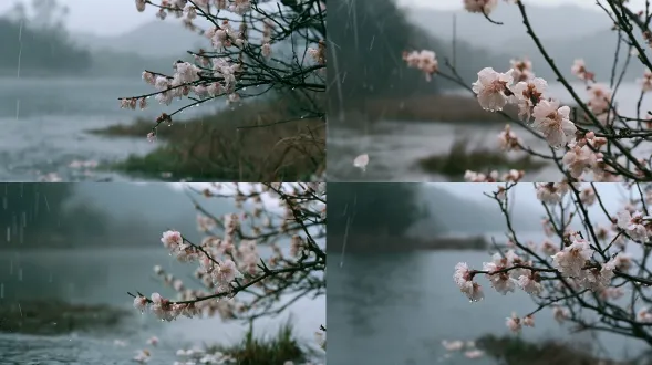 cinematic film still, jiangnan early spring, misty rain. medium close-up, layered depth. left foreground: blurred rain streaks and water surface, raindrops visible. midground: blooming apricot tree, slender branches, pale pink and white petals slightly drooping in cold rain, dewdrops on petals, water dripping. some petals fallen on water and grass. background: misty riverbank and distant mountains, heavily blurred. main light: soft diffused rainy day light, cold and transparent, raindrops refracting subtle highlights. shadows cool cyan-grey and warm brown, not pure black. color palette: cyan-grey, grey-green, cold white, pale pink (apricot blossom), extremely low saturation. 35mm film grain, kodak portra 400, slight overexposure, natural shadows.