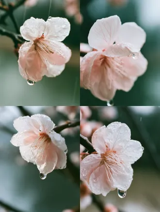 cinematic film still, jiangnan early spring, misty rain. extreme close-up, macro lens, extremely shallow dof. a single apricot blossom covered in rainwater, petals pale pink to white gradient, veins clearly visible, fine fuzzy texture on edges. a crystal raindrop hanging on the petal edge, about to fall, reflecting blurred misty riverbank and pale sky. several smaller water droplets on petals. background completely blurred into grey-green and cyan-grey blocks, faint rain streaks. main light: soft diffused rainy day light, cold and transparent, raindrops refracting subtle highlights. shadows cool cyan-grey and warm brown, not pure black. color palette: cold white, pale pink, cyan-grey, grey-green, extremely low saturation. 35mm film grain, kodak portra 400, slight overexposure, natural shadows.