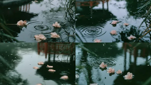 cinematic film still, jiangnan early spring, misty rain. close-up, mirror reflection composition. calm riverbank water surface, several pale pink apricot petals floating. water like a mirror, reflecting a corner of the distant pavilion, vermilion railings, and pale grey dusk sky. a raindrop falls, ripples spreading, shattering the reflection. blurred rain streaks and grass blades at frame edges. main light: soft diffused rainy day light, water surface with cold faint sheen. shadows cool cyan-grey and ink-cyan, not pure black. color palette: grey-green, cold white, pale pink, cyan-grey, extremely low saturation. 35mm film grain, kodak portra 400, slight overexposure, natural shadows.