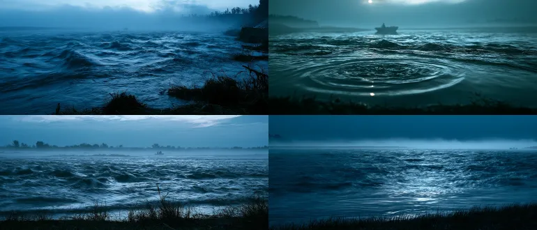 ultra low wide angle close to river surface, surging great river, broken rolling moonlight on rippling water, bank grass line at bottom frame, tiny silhouette of lone boat far away, clear ripples on foreground water, misty distant bank, low saturation cool blue night, silver moonlight highlights, strong light and shadow, long exposure flowing water texture, cinematic atmosphere, 21:9