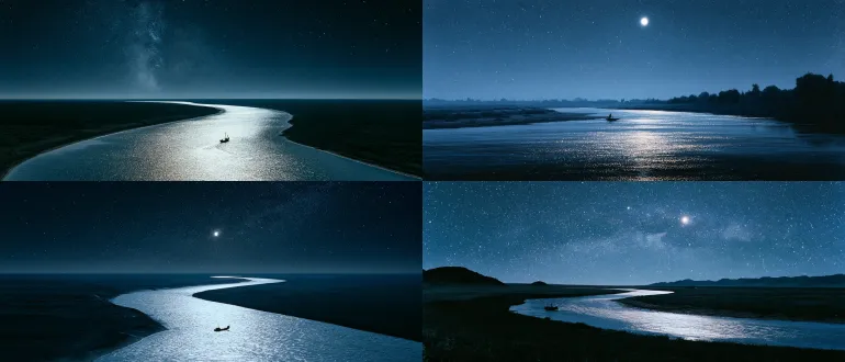 wide expansive composition, extremely low horizon line, boundless flat wilderness, dense low-hanging stars almost touching the ground, great river winding through frame, long silver moonlight reflection on river, a tiny ancient boat, vast empty space, low saturation cool blue and ink black tones, rich shadow detail, kodak 5219 film, subtle grain, magnificent grand scenery, 21:9