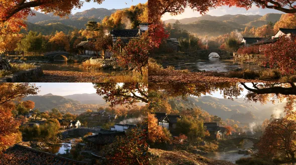 北宋诗意山水电影风格，平远法横向构图，超广全景，深秋午后的隐逸小山村，远处层叠青山与暖金色树林平缓展开，中景是清澈溪流、石拱桥、竹林和白墙黛瓦，近处落叶铺满田埂与门前空地，柿子树挂着红色果实，炊烟从屋舍间升起，溪水反射柔和天光，空气清澈湿润，琥珀金、柿子红、竹青、暖橘色调，低饱和度，柔和暖光，宁静丰饶，秋意盎然，电影级写实山水，层次清晰，细节丰富，零ai伪影，画面干净，无现代建筑，无人物