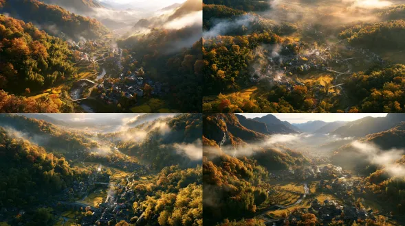 aerial drone view, top-down composition, epic northern song dynasty poetic landscape, a secluded mountain village hidden in a valley at autumn morning, scattered rooftops between golden forests, bamboo slopes, yellow fields and winding stream, stone bridges and small paths forming a natural grid, thin smoke rising from chimneys, mist drifting along the valley walls, amber gold, persimmon red, bamboo green, warm orange, low saturation, soft morning light, cinematic realistic landscape, vast scale, clean composition, rich detail, no modern buildings, no people
