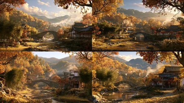 flat-distance landscape composition, horizontal panoramic view, northern song dynasty poetic cinematic landscape, deep autumn village among hills, clear stream flowing through the valley, ancient stone arch bridge, bamboo groves, tiled rooftops, golden woods and distant green mountains, yellow fallen leaves covering the ground, red persimmons hanging near courtyards, smoke rising softly into the air, tranquil pastoral order, amber gold, persimmon red, bamboo green, warm orange, low saturation, soft golden light, cinematic realism, layered depth, rich detail, no modern buildings, no people