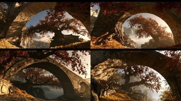 monumental scale aesthetic, extreme low angle, wide lens, ancient stone arch tower bridge dominating the frame, massive bridge arch rising toward the sky, tiny secluded village visible beyond the bridge, giant persimmon tree with heavy red fruits, branches arching over the rooftop, yellow leaves piling at the bridge base, distant mountains and mist behind, dramatic scale contrast, northern song poetic landscape, amber gold, persimmon red, bamboo green, warm orange, low saturation, soft backlight, cinematic realism, textured stone bark, rich detail, no modern buildings, no people