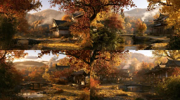 medium wide shot, intimate landscape narrative, northern song dynasty autumn village at golden afternoon, clear stream passing under a small stone bridge, bamboo shadows on the water, yellow leaves covering the path and courtyard, persimmon trees heavy with red fruits, smoke rising from tiled roofs, distant hills wrapped in thin mist, quiet domestic order within vast nature, amber gold, persimmon red, bamboo green, warm orange, low saturation, soft warm light, cinematic realism, delicate water vapor, rich detail, no modern buildings, no people