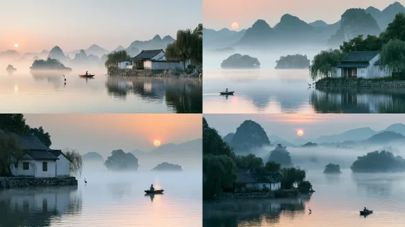 cinematic realistic song dynasty landscape, taihu lake area in early morning, a small secluded song literati courtyard built on a low rocky lakeside terrace, white plaster walls, grey tile roofs, simple raw wooden structures, weeping willows along the stone embankment, pale mist floating over calm water, jagged green limestone peaks and small islands in the distance, a tiny wooden boat with a solitary rower in ancient robe, one red-crowned crane standing near the water edge, soft orange sun through mist, quiet ethereal atmosphere, low saturation, pale blue lake, celadon green hills, off-white walls, film still, natural lighting, subtle depth of field, photorealistic, fine architectural details