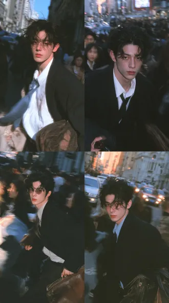 handsome chinese youth, full-body portrait, first love, 秋季, korean style，东方审美，街拍，通勤风(霸总)，模糊的人流