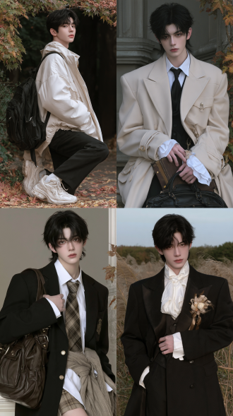 handsome young chinese man, full-body portrait, panoramic view, korean style, 学院风，青春，秋季