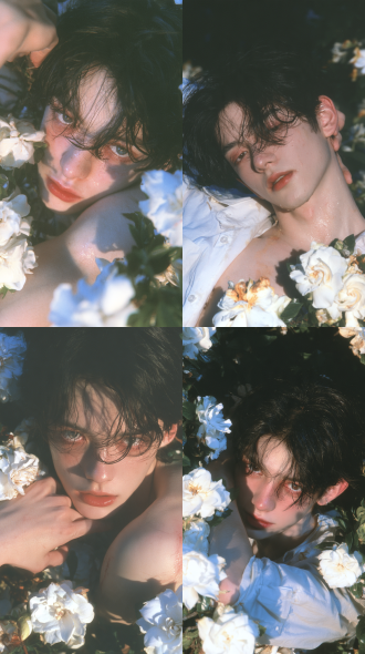 handsome chinese youth, no long hair, full-body portrait, first love, 秋季, korean style，东方审美，白色栀子花，全景