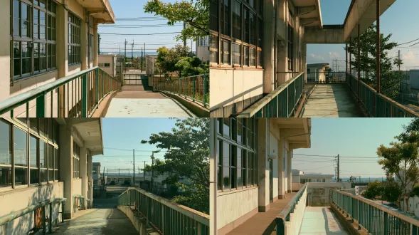 reusable live-action school location master, a fictional japanese coastal high school in early summer, exterior of an old basketball gym connected to a sloping walkway leading toward the main school gate, aged off-white concrete walls, tall metal-framed gym windows on the left, weathered green-painted handrail, slightly worn pale concrete path, low school buildings in the distance, utility poles and overhead wires beyond the gate, a faint glimpse of a coastal railway crossing far away, a few early-summer trees with naturally moving green leaves, no sea postcard view, quiet and lived-in, practical school architecture, clear circulation from gym door to gate, warm late-afternoon sunlight entering from the right, cool cyan shadows under the eaves, restrained japanese coming-of-age film atmosphere, realistic materials, subtle 35mm film grain, deep spatial layers, cinematic location reference, no people, no vehicles, no readable signs