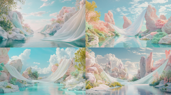 photorealistic 3d render, dreamlike surreal summer landscape, soft pastel color palette, light blue sky with fluffy clouds, winding calm river with clear reflections, lush vibrant vegetation in teal, mint green and pastel blue, abstract crystalline rock formations in pink and peach tones, flowing translucent white silk fabric floating in the air, whimsical fantasy environment, soft natural lighting, cinematic atmosphere, ultra detailed, 8k, clean white background style inspired by sketchup rendering, gentle color grading, serene and refreshing mood soft focus on distant background, shallow depth of field, photorealistic water ripples and reflections, hyper-detailed foliage textures, iridescent and translucent materials, ethereal glow, dreamy haze, modern commercial advertising aesthetic, summer fashion campaign vibe