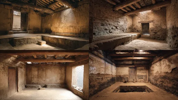 [small ancient earthen room in the southern outskirts of chang'an, northern zhou dynasty, interior], [rectangular, about 3m by 4m, ceiling about 2.3m, rammed earth walls with rough uneven surface, packed earth floor, low blackened wooden beams with cobwebs and dust strands], [old wooden door in the south section of the west wall, about 0.9m wide and 1.9m high, opening inward, rough plank surface, leading to the outside alley; high paper window on the south wall, sill about 1.2m above floor, about 0.8m wide and 0.9m high, top near the beam, facing south, torn oiled paper, no glass], [long earthen kang bed along the north wall, about 3m long and 2m wide, edge facing south, worn reed mat with holes on the kang; rough wooden stand about 0.8m high at the west end of the kang; broken earthen stove against the northwest corner, stove top about 0.8m high, mouth facing southeast, wall behind the stove blackened by smoke; kang pit below the west section of the kang edge, opening south, about 0.4m high and 0.5m wide], [entering from the west door, the stove is at the front left, the kang is straight ahead slightly left, the south window is on the right, the east wall is plain and empty], [bronze mirror on the wooden stand, edge greenish and dim; medicine pot on the stove with faint residual smoke], [east wall and rear roof are minimally extended, no new doors windows or furniture], [cold overcast daylight from the high south paper window, direction from south to north, height around the middle-upper part of the window], spatial structure reference sheet, 3/4 isometric aerial view of the space, showing three walls floor and main furniture, fixed angle, structure clarity over cinematic composition, simple floor plan beside the isometric view marking door window and furniture positions, material swatches for main surfaces, key light direction marked with arrow, scene keyword label in a corner, no character, no additional furniture or large objects beyond described, surface wear dust stains cobwebs and everyday traces are allowed, 5th to 6th century china, northern dynasties period, pre-tang, no modern elements, no ming-qing architectural ornament, bleak and cold atmosphere, neutral cold daylight as baseline light, muted cold grey and earth-brown palette, desaturated, no warm color cast, production design reference, historical drama aesthetic, no watermark, realistic photography, consistent lighting, realistic materials, no decorative elements, 8k