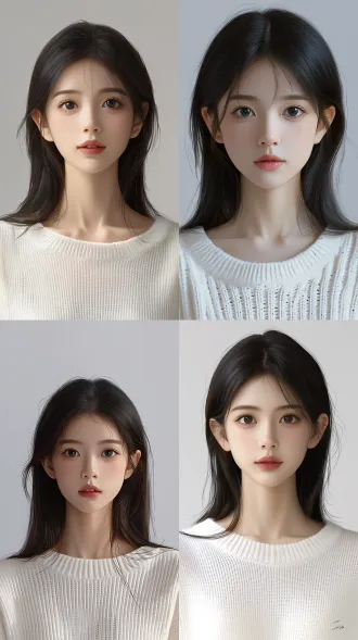 18岁东亚少女胸像肖像，9:16竖幅，鹅蛋脸，黑长直，白圆领针织衫，浅灰背景，柔光，写实，纯净初恋感，高清细腻，自然通透