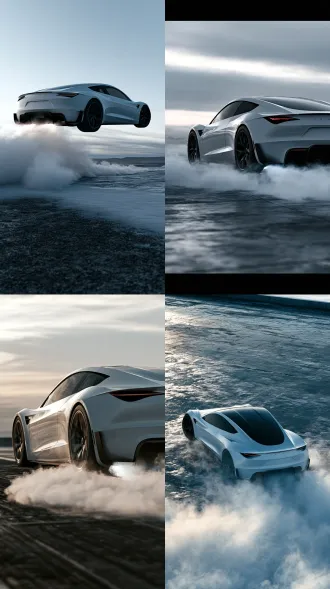 white tesla roadster 2 about to land on rooftop terrace, bottom cold gas nozzles eject white mist for landing buffer, mist spread across ground, low ground close-up, cold tone photorealistic cg, 9:16