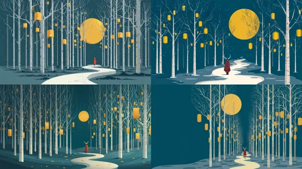 modern oriental vector illustration, flat art style. deep teal night sky, bright yellow full moon. neatly arranged pure white birch trees with hanging yellow lanterns. a winding pale path. a tiny silhouette of a shaman (wearing a red-white robe and antler hat) walking alone into the deep misty path. highly decorative, minimalist, melancholic but grand.
