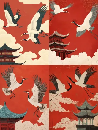 chinese illustration, two red-crowned cranes with wings fully spread flying over a traditional chinese pavilion, only the upturned flying eaves and layered dougong brackets visible at the lower left corner, partially hidden by clouds; dense auspicious cloud scrolls stacked in layered ruyi-shaped clusters filling the negative space, small silhouettes of distant birds; deep cinnabar red flat sky. modern chinese gongbi heavy-color painting fused with japanese ukiyo-e woodblock print and risograph aesthetic, decorative flat illustration, new chinese style. uniform dark outlines on every element, flat color blocking, no gradients, each crane feather individually outlined and filled in a fanned radial arrangement, elongated decorative flight feathers, cloud volumes modeled by layered color rather than light source, subtle silk-canvas grain. limited palette: cinnabar red #8a1c1b, smoky teal #60746c, ivory cream #dbc5a7, ink black #2c1113, ochre #953630, a single dot of vermilion on the crane's crown. asymmetrical triangular composition, strong diagonal flow from lower-left to upper-right, over 40% negative space of red sky, vertical portrait format.