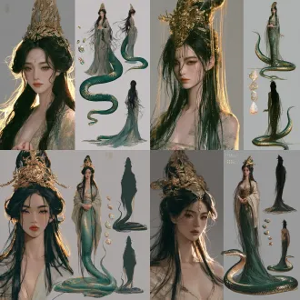 人物设定参考图，左侧为大幅脸部特写，右侧是同一位中国创世女神的三幅全身盘绕姿态视图：正面视图、侧面轮廓、背面视图。地道东亚中国女性，容颜不老、面容秀美，神情仁慈端庄，长发飘逸，佩戴华丽金玉古式头冠；上身身着雅致的中式仙袍，下半部分是修长莹润的翠绿色蛇尾，带有金色鳞纹；五颗流光溢彩的五彩神石在身侧悬浮，双手轻合于身前。中性灰色影棚背景，均匀柔和的影棚布光，黑发与金头冠带有金色轮廓光，脸部特写光影柔和，写实真人摄影风格，单反相机拍摄，皮肤质感自然，眼神锐利，带有细微胶片颗粒感