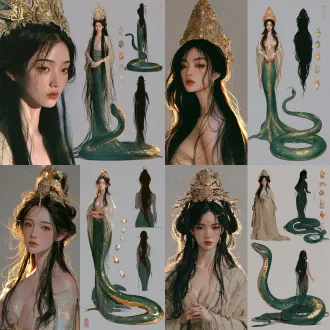 人物设定参考图，左侧为大幅脸部特写，右侧是同一位中国创世女神的三幅全身盘绕姿态视图：正面视图、侧面轮廓、背面视图。地道东亚中国女性，容颜不老、面容秀美，神情仁慈端庄，长发飘逸，佩戴华丽金玉古式头冠；上身身着雅致的中式仙袍，下半部分是修长莹润的翠绿色蛇尾，带有金色鳞纹；五颗流光溢彩的五彩神石在身侧悬浮，双手轻合于身前。中性灰色影棚背景，均匀柔和的影棚布光，黑发与金头冠带有金色轮廓光，脸部特写光影柔和，写实真人摄影风格，单反相机拍摄，皮肤质感自然，眼神锐利，带有细微胶片颗粒感