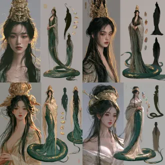 人物设定参考图，左侧为大幅脸部特写，右侧是同一位中国创世女神的三幅全身盘绕姿态视图：正面视图、侧面轮廓、背面视图。地道东亚中国女性，容颜不老、面容秀美，神情仁慈端庄，长发飘逸，佩戴华丽金玉古式头冠；上身身着雅致的中式仙袍，下半部分是修长莹润的翠绿色蛇尾，带有金色鳞纹；五颗流光溢彩的五彩神石在身侧悬浮，双手轻合于身前。中性灰色影棚背景，均匀柔和的影棚布光，黑发与金头冠带有金色轮廓光，脸部特写光影柔和，写实真人摄影风格，单反相机拍摄，皮肤质感自然，眼神锐利，带有细微胶片颗粒感