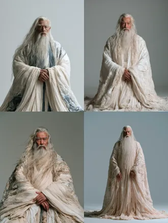 full-body shot, hongjun daozu, the supreme taoist patriarch, majestic elderly sage, long flowing white hair and long white beard, serene and all-powerful expression, dignified upright posture, hands naturally relaxed, anatomically correct hands, traditional chinese taoist robe with intricate cloud and dragon embroidery, flowing sleeves, clean seamless white studio background, centered full-body composition, entire figure visible from head to toe, balanced proportions, clear silhouette, soft even studio lighting, clear facial illumination, natural skin tones, subtle fabric highlights, cinematic realism, photorealistic, fine skin and beard texture, detailed fabric and embroidery, chinese aesthetic, 85mm portrait lens, sharp focus, high resolution