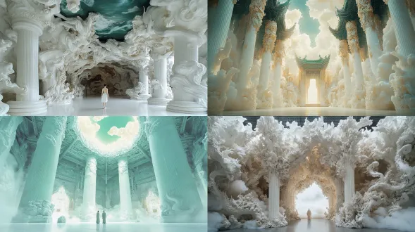 interior of an impossibly vast chinese xianxia celestial pavilion floating above an endless cloud sea. four kilometer high cylindrical white jade pillars fill the frame, fading into luminous haze before the ceiling. every surface densely covered in colossal bas relief carvings of coiling dragons, immortals, lotus flowers, mythical animals, and heavenly clouds, transitioning from enormous sharp reliefs near the ground to tiny distant patterns above. massive lotus pedestals dominate both foreground edges. immense dark teal and black coffered ceiling at overwhelming height, partially obscured by golden mist, decorated with glowing antique gold cloud motifs and geometric patterns. boundless white cloud ocean beyond a carved jade balustrade. two tiny hanfu immortals seen from behind at the very bottom - ivory white robe at center, pale pink robe lower left - each under one percent of the image. polished white jade floor reflecting pillars and figures. near symmetrical axial composition, ext