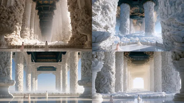 interior of an impossibly vast chinese xianxia celestial pavilion floating above an endless cloud sea. four kilometer high cylindrical white jade pillars fill the frame, fading into luminous haze before the ceiling. every surface densely covered in colossal bas relief carvings of coiling dragons, immortals, lotus flowers, mythical animals, and heavenly clouds, transitioning from enormous sharp reliefs near the ground to tiny distant patterns above. massive lotus pedestals dominate both foreground edges. immense dark teal and black coffered ceiling at overwhelming height, partially obscured by golden mist, decorated with glowing antique gold cloud motifs and geometric patterns. boundless white cloud ocean beyond a carved jade balustrade. two tiny hanfu immortals seen from behind at the very bottom - ivory white robe at center, pale pink robe lower left - each under one percent of the image. polished white jade floor reflecting pillars and figures. near symmetrical axial composition, ext