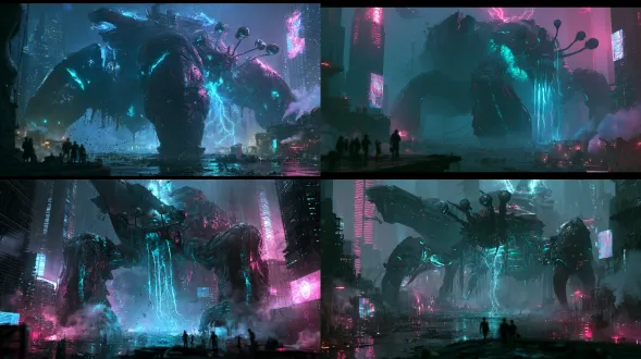 prompt a colossal biomechanical leviathan rising from a flooded cyberpunk megacity at night, half deep-sea organism half derelict warship hull, quadrupedal stance with massive crustacean forelimbs, obsidian chitin armor plates fused with rusted steel bulkheads, glowing cyan plasma veins pulsing beneath translucent shell sections, six compound eyes on stalks scanning the horizon, broken ship bridge structure protruding from its back sparking with electrical arcs, maw opening to charge an electromagnetic pulse ionizing the rain into blue lightning tendrils, standing in black water between half-submerged skyscrapers, acid rain, floating debris, dense urban canyon of neon megatowers, holographic billboards, steam rising from submerged infrastructure, tiny human silhouettes on a rooftop edge for scale, neon magenta and cyan rim light reflecting off wet chitin and water surface, deep black shadows, volumetric fog catching colored light, mixed color temperature practicals, anamorphic lens flare from the emp charge, rain streaks illuminated in headlight beams, negative shot on arri alexa 65, 24mm anamorphic prime lens, f/4, low angle worm's-eye view, 2.39:1 widescreen, shallow depth of field on foreground silhouettes, cinematic photorealism, practical creature effects, in-camera lighting, weathered and barnacle-encrusted textures, subsurface scattering on translucent shell, fine 35mm film grain, high dynamic range, desaturated teal-and-magenta color grade blurry, low quality, out of focus, deformed, extra limbs, bad anatomy, missing legs, plastic texture, cgi look, 3d render, cartoon, anime, illustration, concept art sketch, cute, chibi, mascot, pokemon, friendly expression, overexposed, oversaturated, smooth unpaneled surface, toy-like, watermark, signature, text, logo, jpeg artifacts