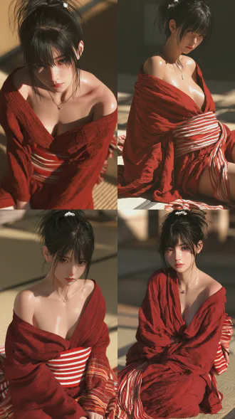 ultra realistic 8k photograph, gorgeous east girl , gentle , dark bright eyes, sleek jet black hair tied in high messy bun with small white hair ornament, wearing delicate tiny silver pendant necklace, fair smooth glossy skin, plump curvy figure, deep red kimono oversized slipping off shoulders, half open kimono exposing chest , red and white striped obi, sitting on tatami floor,