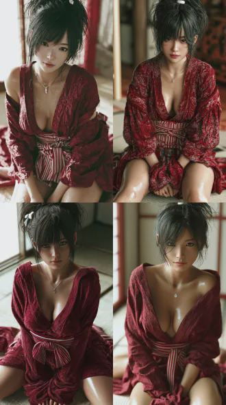 ultra realistic 8k photograph, gorgeous east girl , gentle , dark bright eyes, sleek jet black hair tied in high messy bun with small white hair ornament, wearing delicate tiny silver pendant necklace, fair smooth glossy skin, plump curvy figure, deep red kimono oversized slipping off shoulders, half open kimono exposing chest , red and white striped obi, sitting on tatami floor,