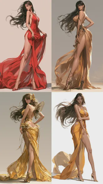 hot figure，perfect body, long hair fluttering, long legs, low-cut evening dress, queen bee style, high heels