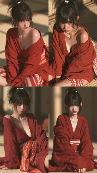 ultra realistic 8k photograph, gorgeous east girl , gentle , dark bright eyes, sleek jet black hair tied in high messy bun with small white hair ornament, wearing delicate tiny silver pendant necklace, fair smooth glossy skin, plump curvy figure, deep red kimono oversized slipping off shoulders, half open kimono exposing chest , red and white striped obi, sitting on tatami floor
