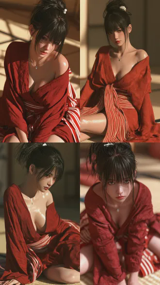 ultra realistic 8k photograph, gorgeous east girl , gentle , dark bright eyes, sleek jet black hair tied in high messy bun with small white hair ornament, wearing delicate tiny silver pendant necklace, fair smooth glossy skin, plump curvy figure, deep red kimono oversized slipping off shoulders, half open kimono exposing chest , red and white striped obi, sitting on tatami floor