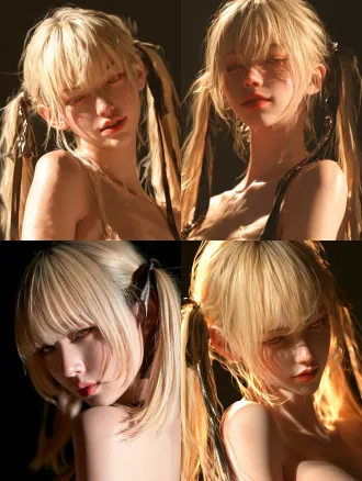 portrait of beautiful young east asian woman, oval face big bright eyes blonde_hair 吐舌笑 straight blunt bangs, twin long ponytails, dark glossy hair ribbons, subtle faint smirk, pale cool skin, half-lidded amber eyes, soft red lips, dramatic low-key lighting, key light illuminating face, solid pure black empty background, baring shoulder sultra detailed delicate skin texture, cinematic soft shadow, shallow depth of field, medium close-up shot showing upper torso, no extra objects